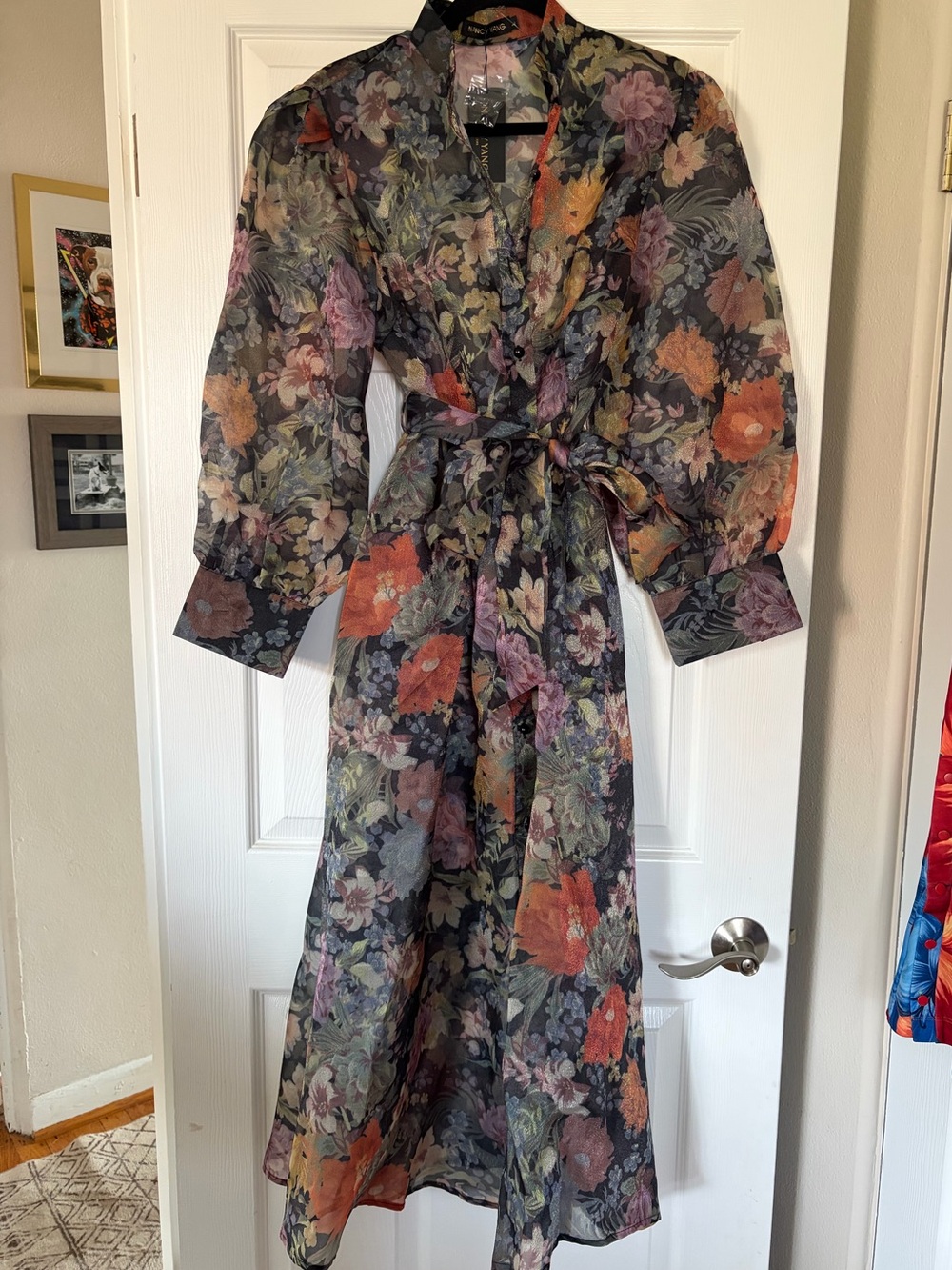 NWT Nancy Yang Organza puffed Sleeve Maxi Floral Shirt-dress with Pockets-L